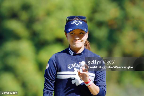 Hikari Fujita of Japan acknowledges the gallery on the 3rd green during the second round of the Yamaguchi Shunan Ladies Cup at Shunan Country Club on...