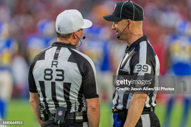 Referees discuss things in between plays during a game between Los Angeles Rams and Tampa Bay Buccaneers at Raymond James Stadium on November 6, 2022...