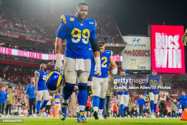 Aaron Donald of the Los Angeles Rams comes off the field during a game between Los Angeles Rams and Tampa Bay Buccaneers at Raymond James Stadium on...