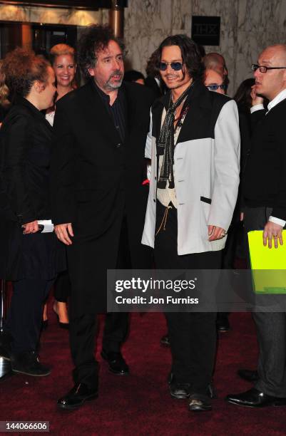 Director Tim Burton and actor Johnny Depp attend the "Dark Shadows" European film premiere at the Empire Leicester Square on May 9, 2012 in London,...