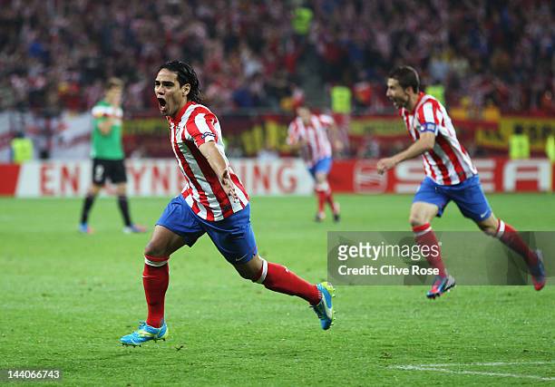 Radamel Falcao of Atletico Madrid celebrates scoring the opening goal during the UEFA Europa League Final between Atletico Madrid and Athletic Bilbao...