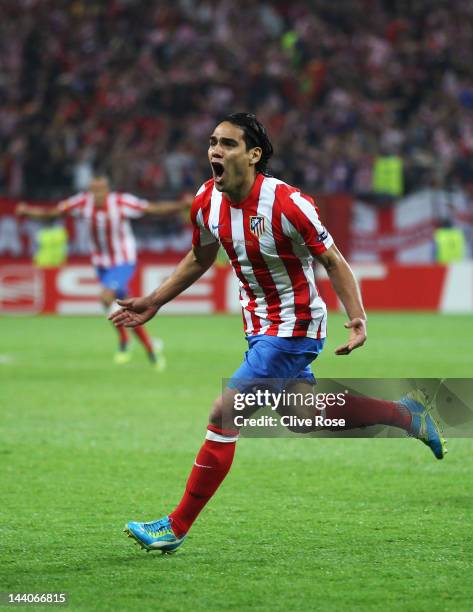 Radamel Falcao of Atletico Madrid celebrates scoring the opening goal during the UEFA Europa League Final between Atletico Madrid and Athletic Bilbao...