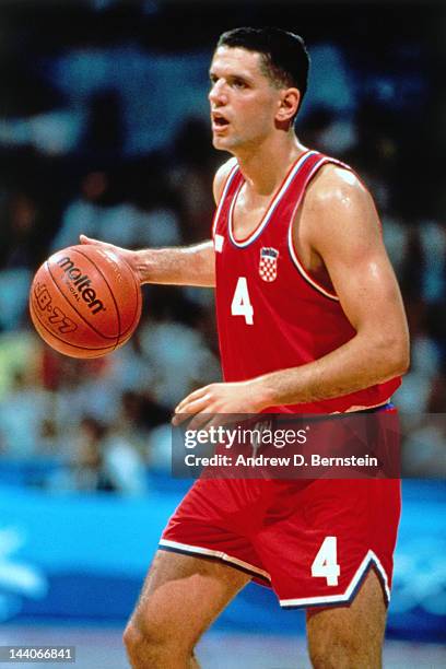 Drazen Petrovic of Croatia dribbles against Spain during the 1992 Olympics on July 29, 1992 at the Palau Municipal d'Esports de badalona in...