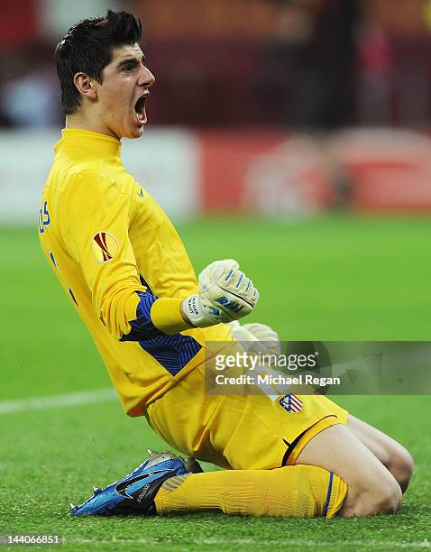 Thibaut Courtois of Atletico Madrid celebrates the opening goal during the UEFA Europa League Final between Atletico Madrid and Athletic Bilbao at...