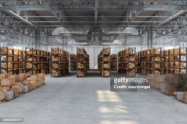 distribution warehouse with cardboard boxes on the racks and on the floor - opslagruimte stockfoto's en -beelden