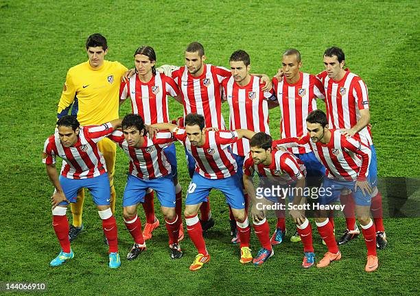 The Atletico Madrid players line up for a team photo prior to the UEFA Europa League Final between Atletico Madrid and Athletic Bilbao at the...