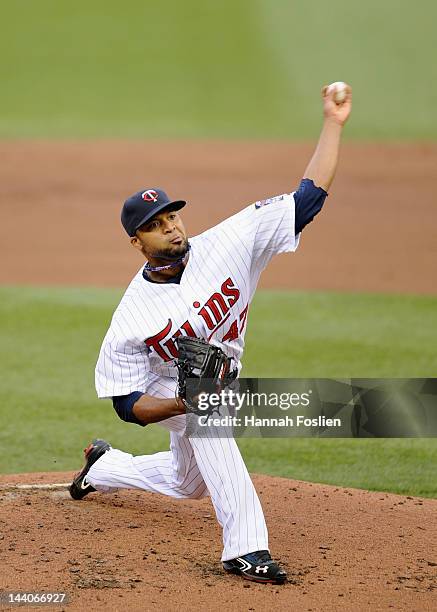 Francisco Liriano of the Minnesota Twins delivers a pitch against the Los Angeles Angels of Anaheim on May 7, 2012 at Target Field in Minneapolis,...