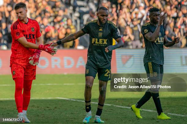 Sebastian Ibeagha of Los Angeles FC wishes John McCarthy of Los Angeles FC good luck before free kicks during the MLS Cup Final game between...