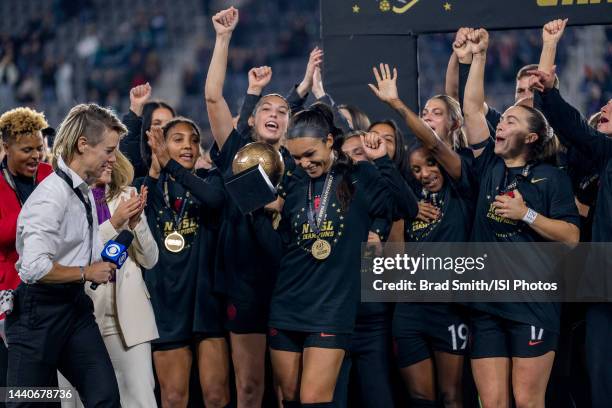 Sophia Smith of the Portland Thorns holds the MVP trophy during NWSL Cup Final game between Kansas City Current and Portland Thorns FC at Audi Field...