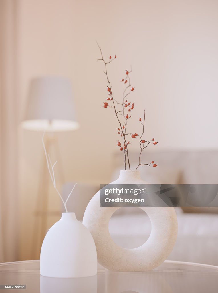 Two Modern White Vases with Brunches. White 3D Rendering Objects with Blured Interior Background. Minimalism Japandi or Scandinavian Boho Style