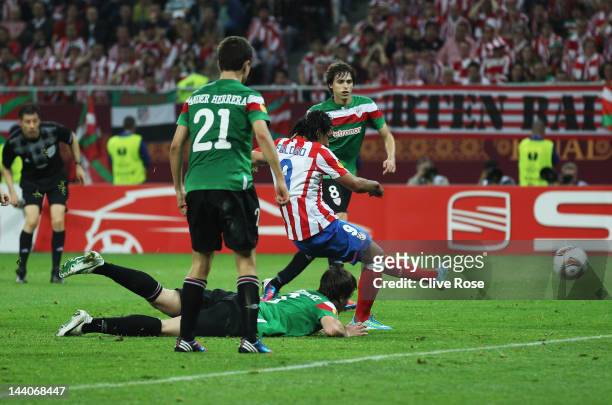 Radamel Falcao of Atletico Madrid scores his team's second goal during the UEFA Europa League Final between Atletico Madrid and Athletic Bilbao at...