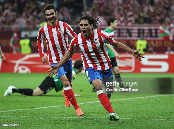 Radamel Falcao of Atletico Madrid celebrates scoring his team's second goal during the UEFA Europa League Final between Atletico Madrid and Athletic...