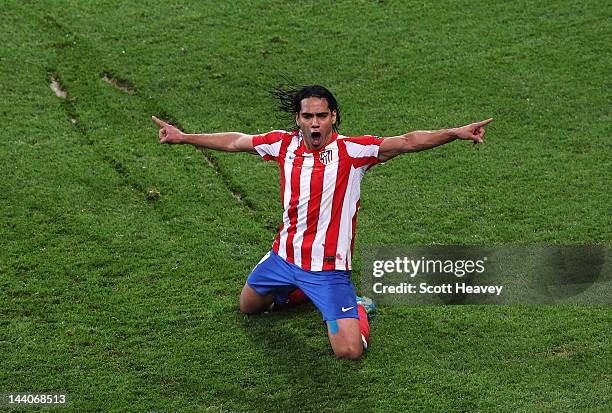 Radamel Falcao of Atletico Madrid celebrates scoring his team's second goal during the UEFA Europa League Final between Atletico Madrid and Athletic...