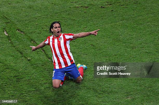 Radamel Falcao of Atletico Madrid celebrates scoring his team's second goal during the UEFA Europa League Final between Atletico Madrid and Athletic...
