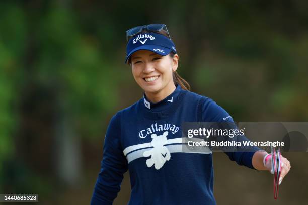 Hikari Fujita of Japan reacts after holing out on the 18th green during the second round of the Yamaguchi Shunan Ladies Cup at Shunan Country Club on...