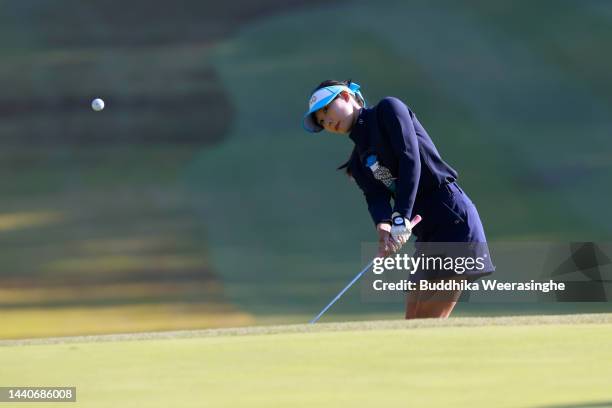 Fumie Tsune of Japan chips onto the 16th green during the second round of the Yamaguchi Shunan Ladies Cup at Shunan Country Club on November 11, 2022...