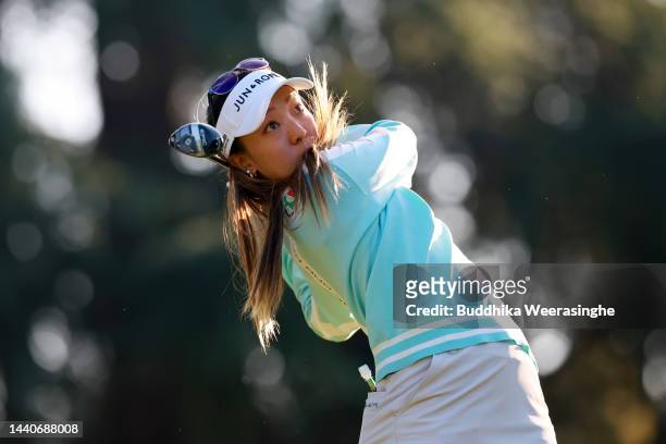 Eimi Koga of Japan hits her tee shot on the 17th hole during the second round of the Yamaguchi Shunan Ladies Cup at Shunan Country Club on November...