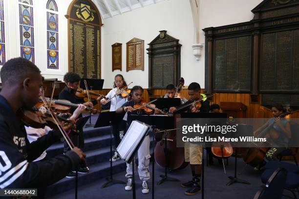 Members of the Ensemble Nabanga perform for guests in the Old Hall at Toowoomba Grammar School on November 09, 2022 in Toowoomba, Australia. Ensemble...