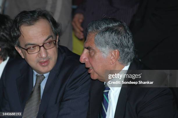 Chairman of Tata group of companies Ratan Tata and Fiat Chief Executive Sergio Marchionne at the unveiling ceremony of TATA Indigo car at the 8th...