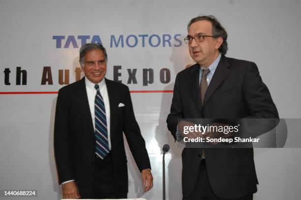 Chairman of Tata group of companies Ratan Tata and Fiat Chief Executive Sergio Marchionne at the unveiling ceremony of TATA Indigo car at the 8th...