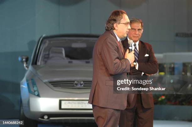 Chairman of Tata group of companies Ratan Tata and Fiat Chief Executive Sergio Marchionne at the unveiling ceremony of TATA Indigo car at the 8th...