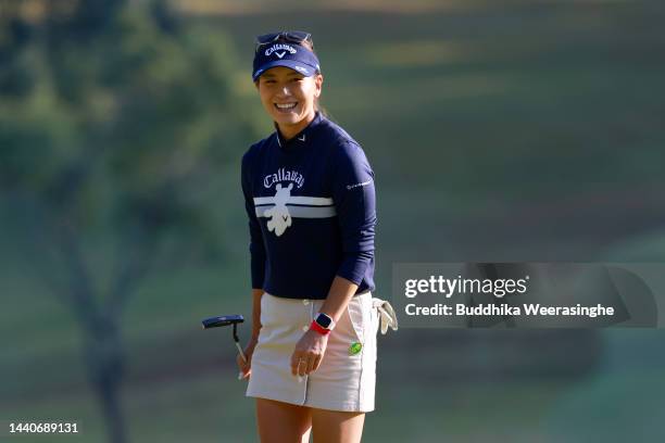 Hikari Fujita of Japan celebrates the birdie on the 16th green during the second round of the Yamaguchi Shunan Ladies Cup at Shunan Country Club on...