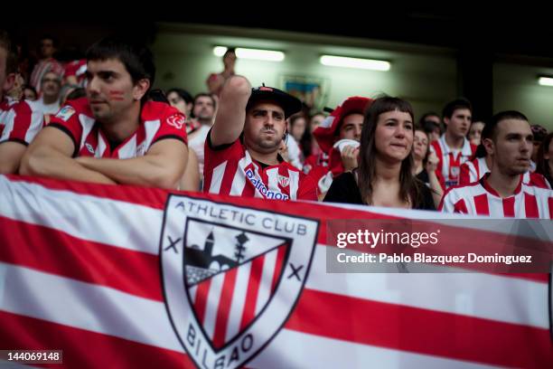 Fans of Athletic Bilbao react in San Mames Stadium during the Europa League Final of Athletic Bilbao against Atletico de Madrid which is being played...