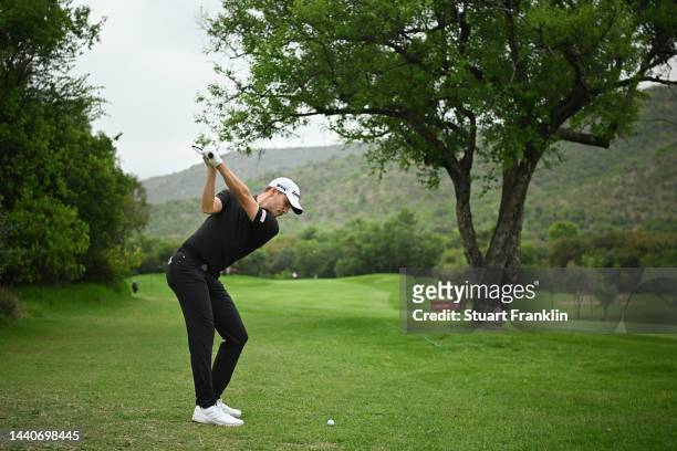 Rasmus Højgaard of Denmark plays his second shot on the second hole during Day Two of the Nedbank Golf Challenge at Gary Player CC on November 11,...