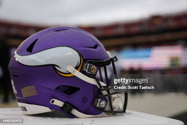 Detailed view of a Minnesota Vikings helmet on the sidelines before the game against the Washington Commanders at FedExField on November 6, 2022 in...