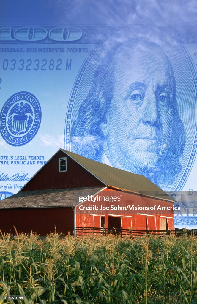 Photo montage: American currency, red barn and corn field