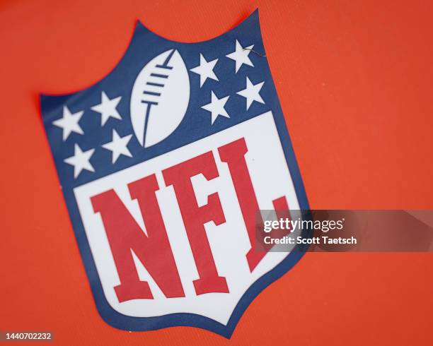 Detailed view of the NFL logo during the game between the Washington Commanders and the Minnesota Vikings at FedExField on November 6, 2022 in...