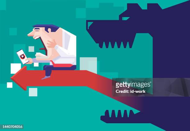 businessman riding arrow symbol and looking at smartphone with bear shadow - online predator stock illustrations