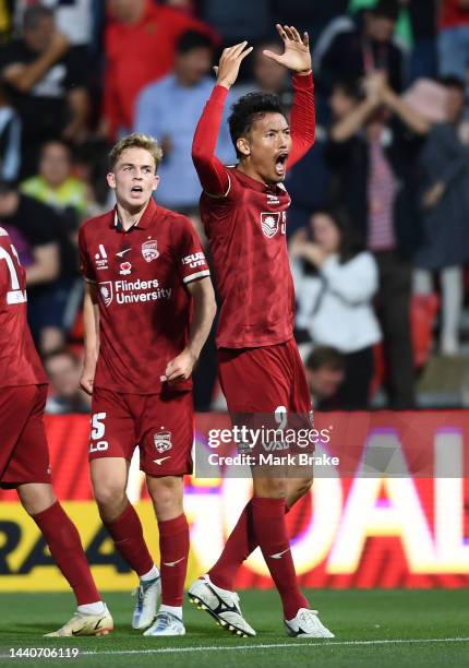 Hiroshi Ibusuki of Adelaide United celebrates after scoring his teams first goal during the round six A-League Men's match between Adelaide United...