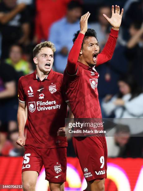 Hiroshi Ibusuki of Adelaide United celebrates after scoring his teams first goal during the round six A-League Men's match between Adelaide United...