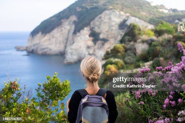 woman hiking on coastal footpath, looking at the sea - solo travel stock pictures, royalty-free photos & images