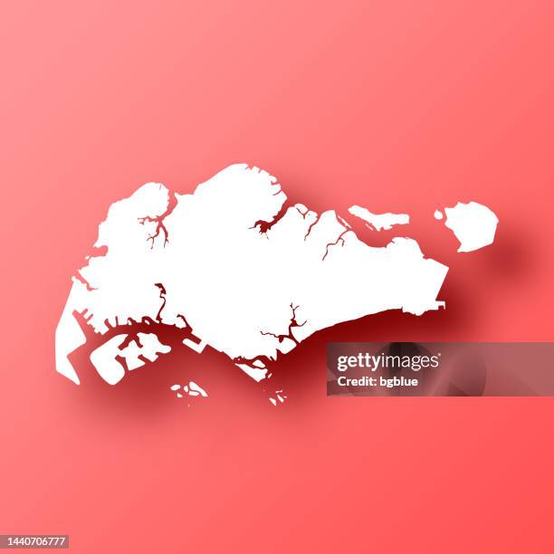 singapur-karte auf rotem hintergrund mit schatten - singapore map stock-grafiken, -clipart, -cartoons und -symbole
