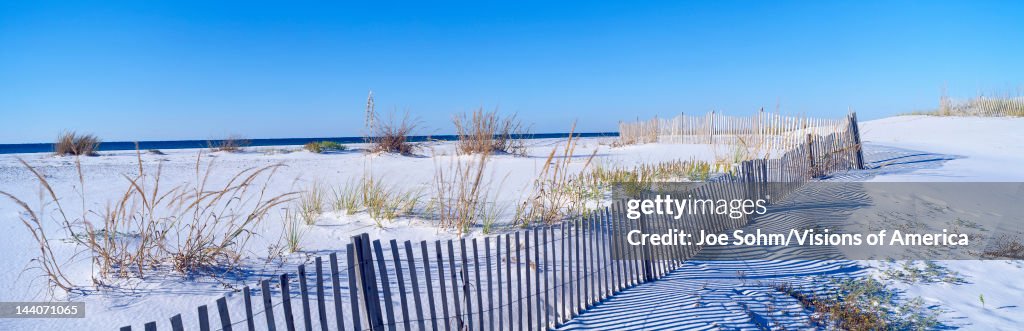 Sea oats and fence along white sand beach at Santa Rosa Island near Pensacola, Florida