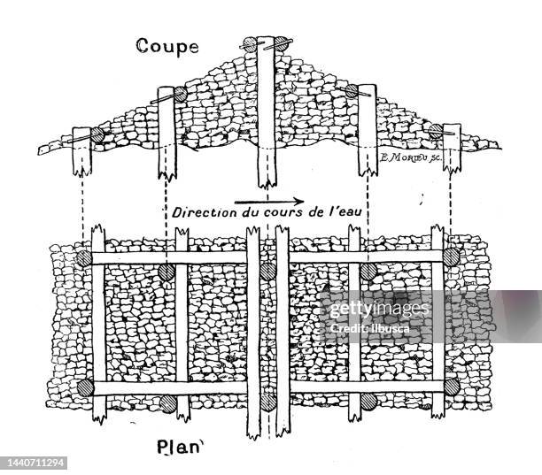 antique image: dam flood barrier, french alps - french alps stock illustrations
