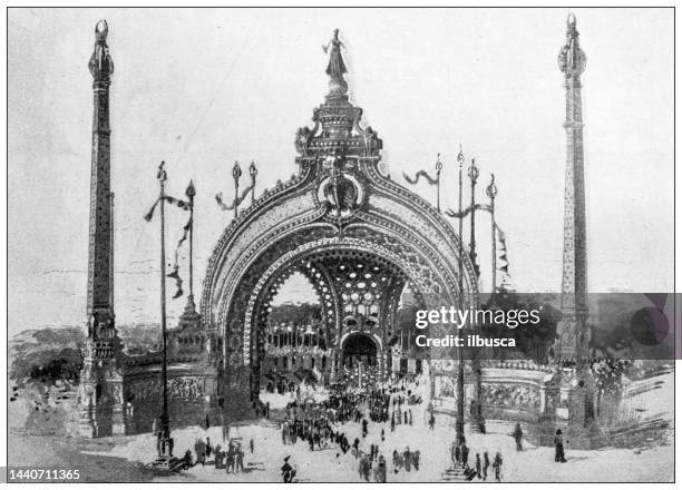 antique image: 1900 exhibition, place de la concorde entrance - paris exposition stock illustrations