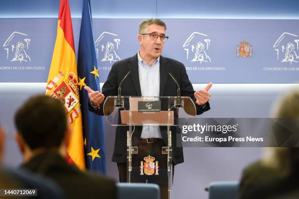 The PSOE spokesperson in Congress, Patxi Lopez, speaks in a press conference prior to the registration of the Provision, in the Congress of Deputies,...