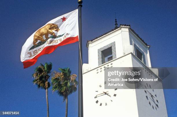 California Republic flag in front of the Union Station Rail Transit in the city of Los Angeles, California
