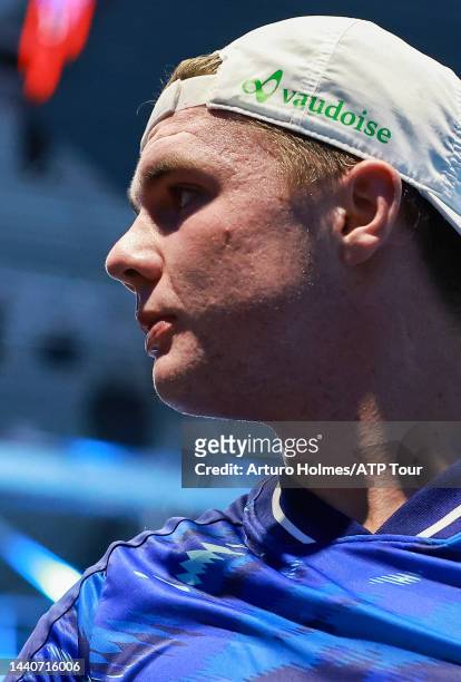 Dominic Stricker is seen on court during day one of the Next Gen ATP Finals at Allianz Cloud on November 08, 2022 in Milan, Italy.