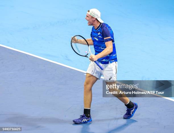 Dominic Stricker is seen on court during day one of the Next Gen ATP Finals at Allianz Cloud on November 08, 2022 in Milan, Italy.