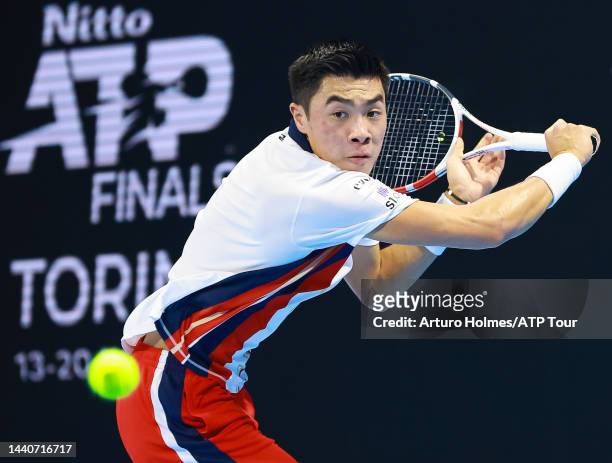 Brandon Nakashima is seen on court during day one of the Next Gen ATP Finals at Allianz Cloud on November 08, 2022 in Milan, Italy.