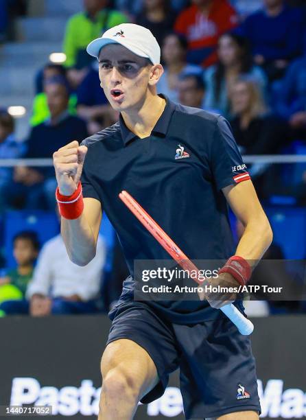 Matteo Arnaldi celebrates during day one of the Next Gen ATP Finals at Allianz Cloud on November 08, 2022 in Milan, Italy.