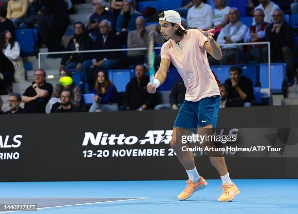 Lorenzo Musetti is seen on center court during day one of the Next Gen ATP Finals at Allianz Cloud on November 08, 2022 in Milan, Italy.