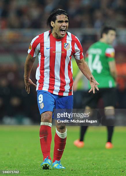 Radamel Falcao of Atletico Madrid reacts during the UEFA Europa League Final between Atletico Madrid and Athletic Bilbao at the National Arena on May...