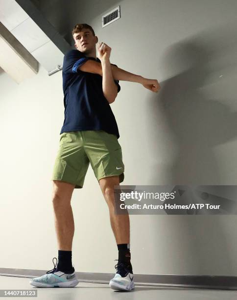 Jack Draper warms up during day one of the Next Gen ATP Finals at Allianz Cloud on November 08, 2022 in Milan, Italy.