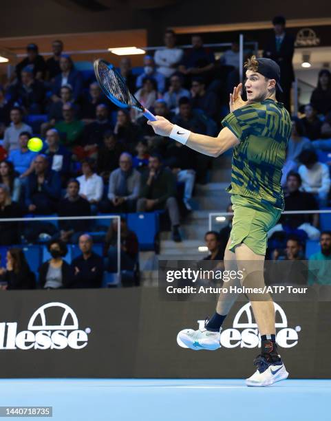 Jack Draper is seen on center court during day one of the Next Gen ATP Finals at Allianz Cloud on November 08, 2022 in Milan, Italy.