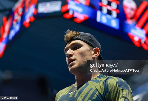 Jack Draper is seen on center court during day one of the Next Gen ATP Finals at Allianz Cloud on November 08, 2022 in Milan, Italy.